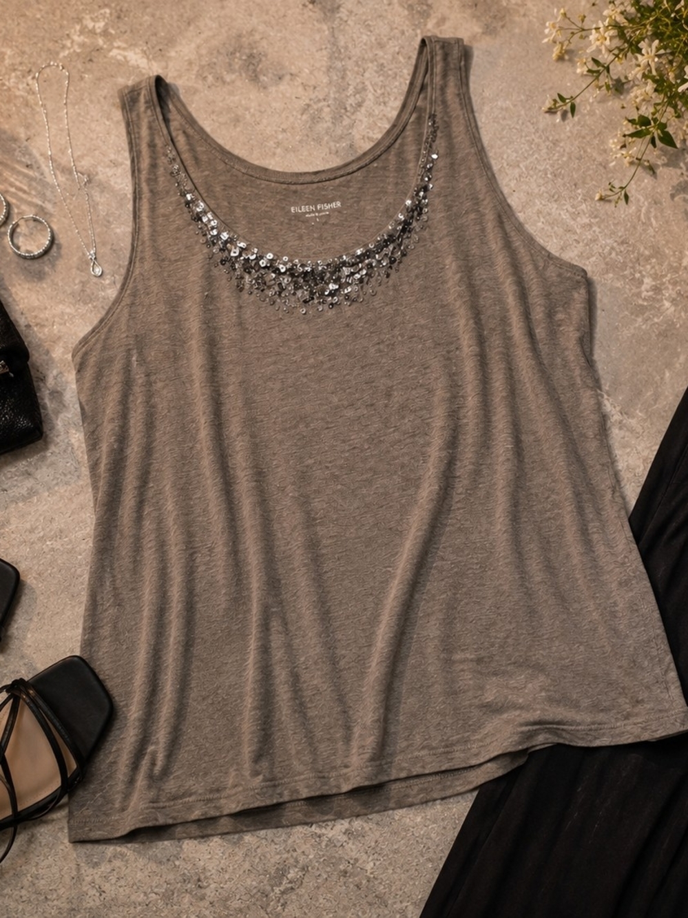 Eileen Fisher 100% Linen Sequin Embellished Tank Top Gray Size Large - Picture 2 of 5